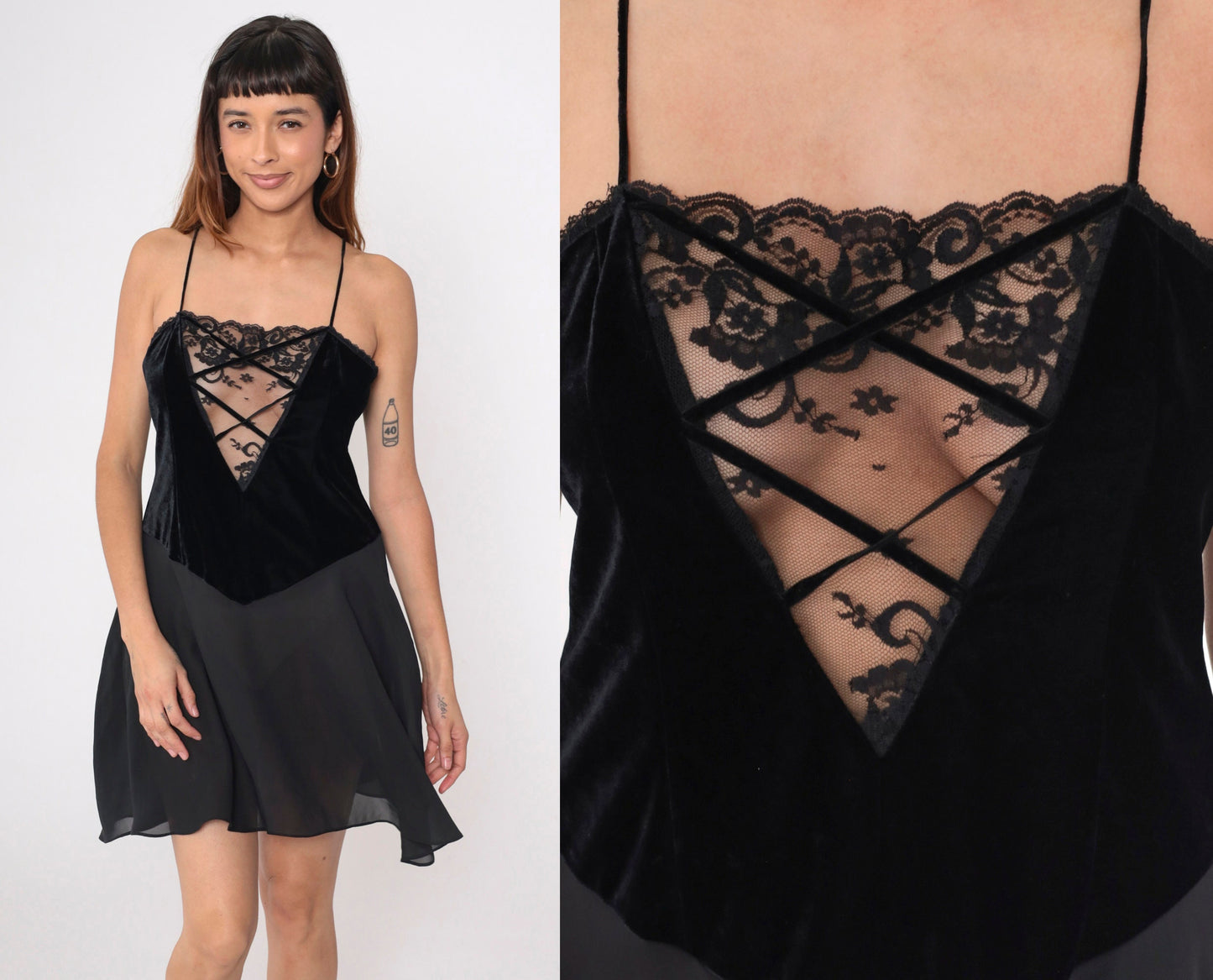 90s Black Chiffon Chemise Lace V-Neck Cage Spaghetti Strap Slip Dress Medium