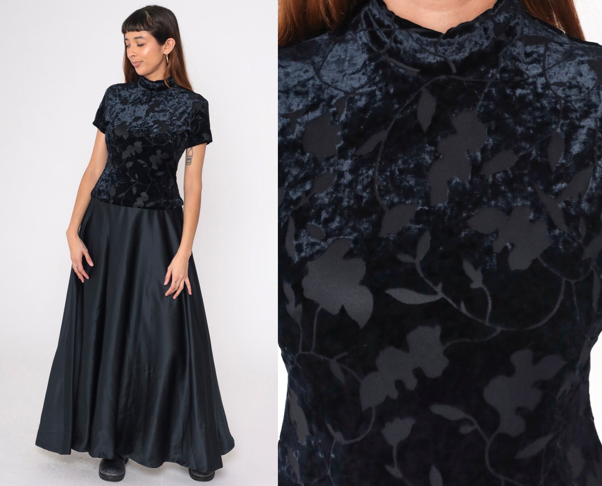 90s Black Velvet Burnout Maxi Dress Leaf Print Mock Neck Drop Waist Small 6