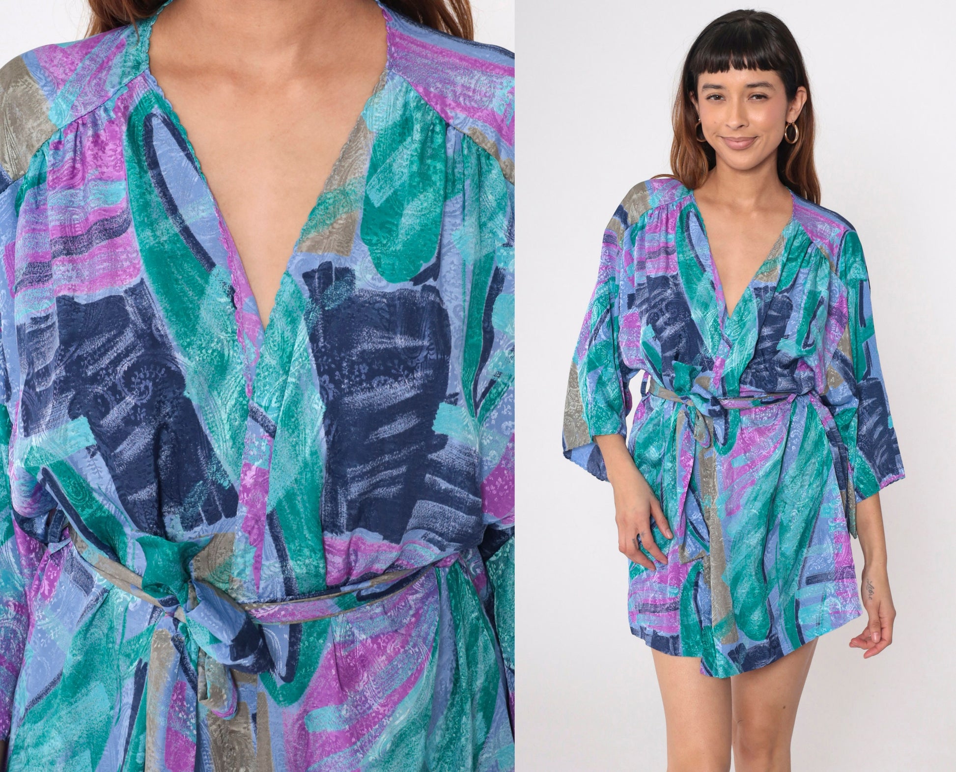 90s Brushstroke Paisley Kimono Robe Mini Purple Blue Small