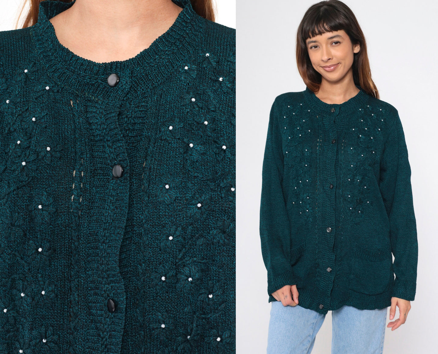90s Beaded Floral Cardigan Blue Black Pearl Button-Up Knit Large L