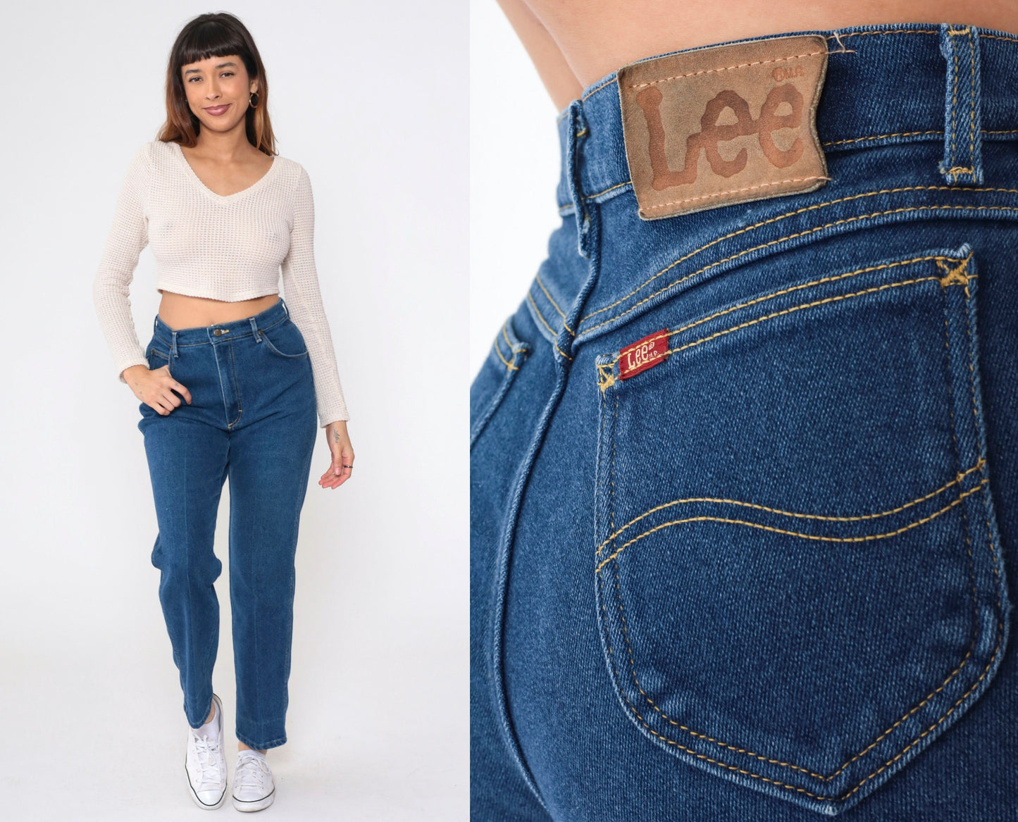 80s Lee High Waisted Straight Leg Jeans Dark Blue Denim Medium 10