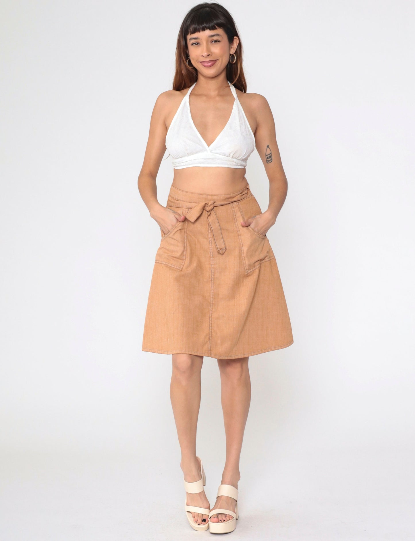 70s Madewell Wrap Skirt Tan Patch Pocket High Waist Knee Length Small