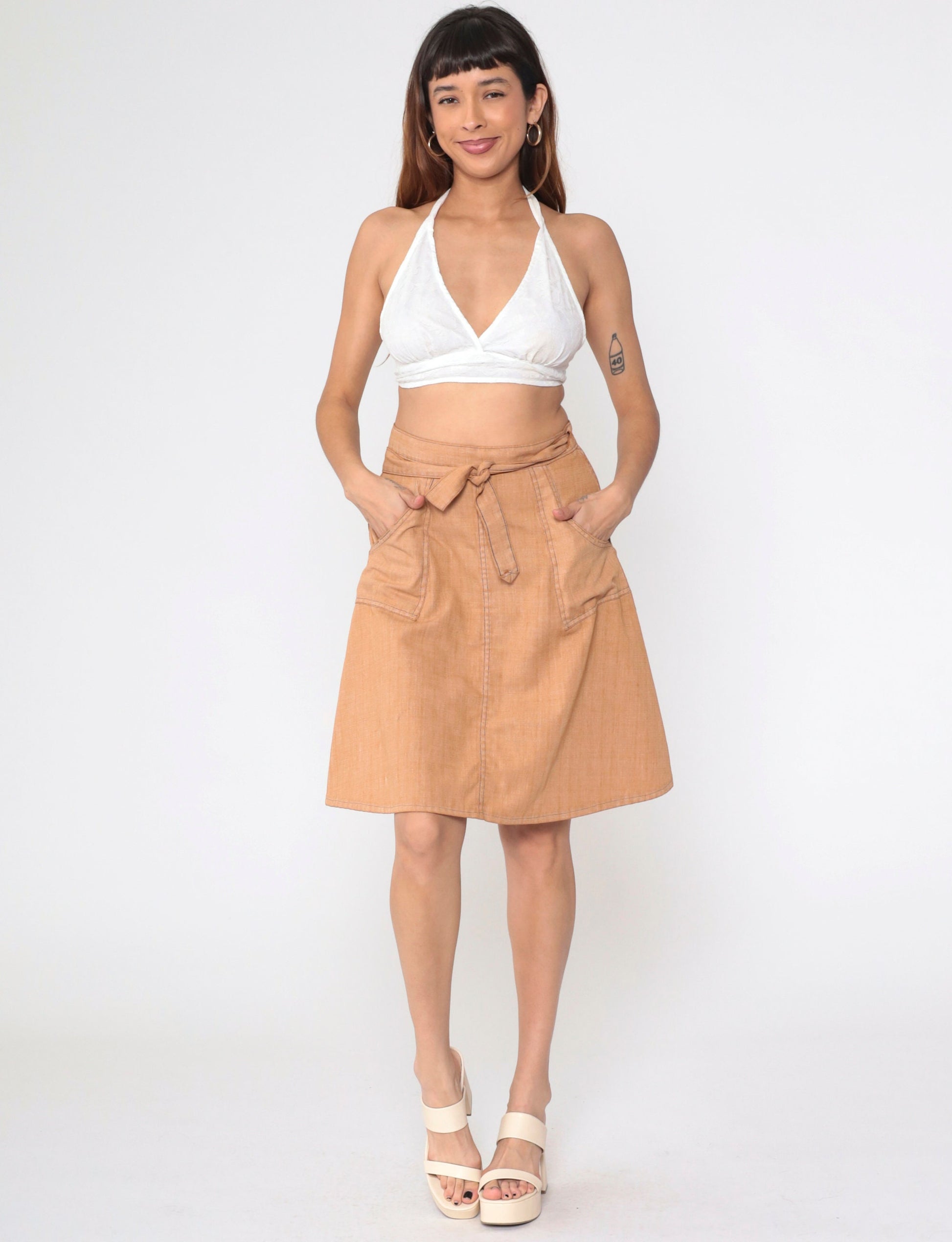 70s Madewell Wrap Skirt Tan Patch Pocket High Waist Knee Length Small