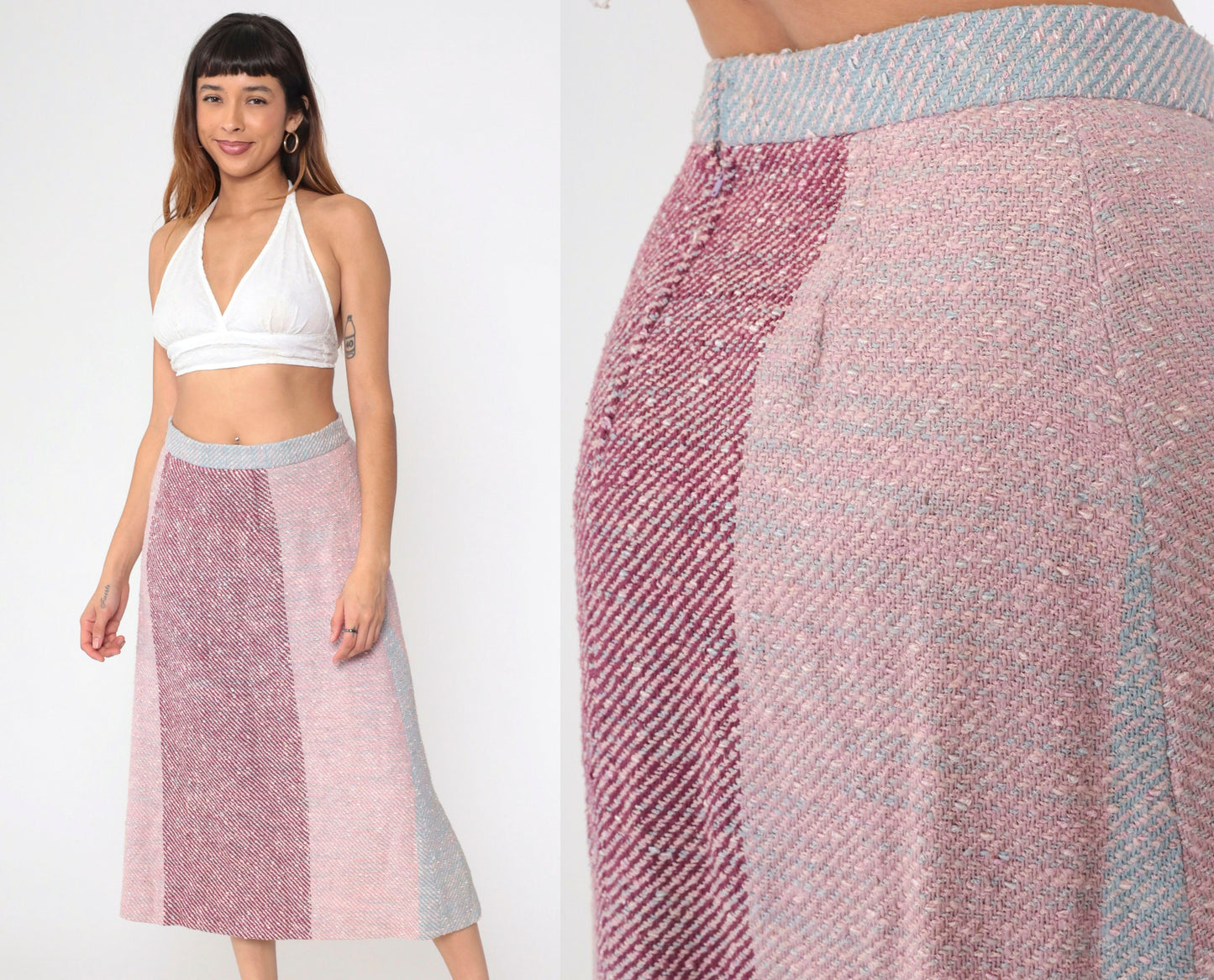 70s Striped Colour Block Midi Skirt High Waist Pink Purple Blue Medium