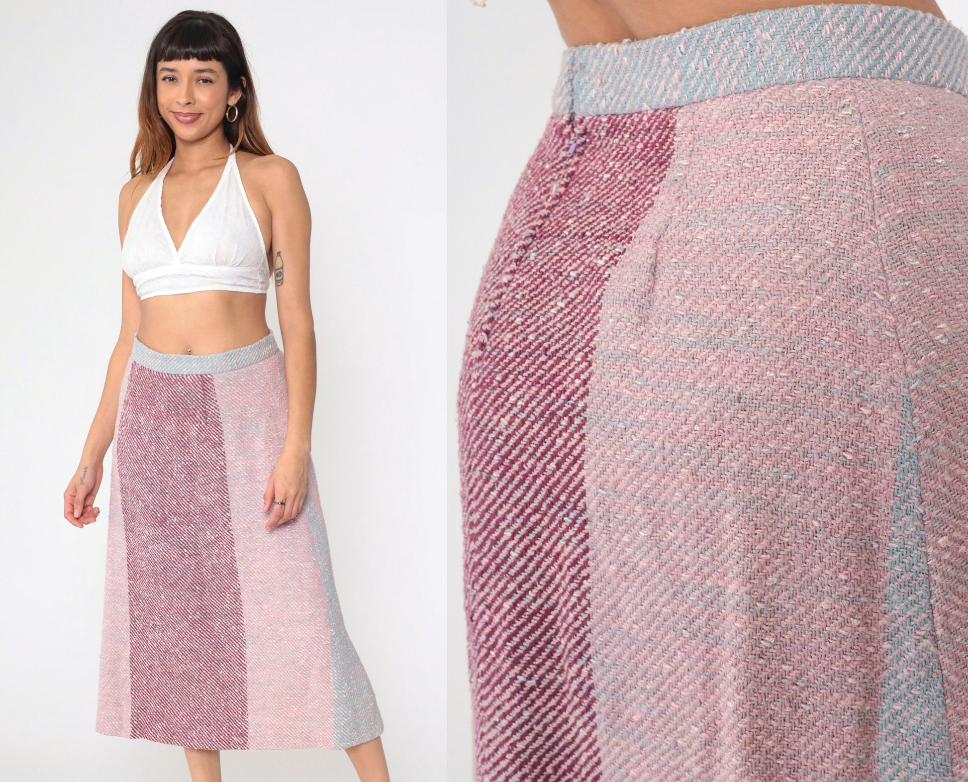 70s Striped Colour Block Midi Skirt High Waist Pink Purple Blue Medium