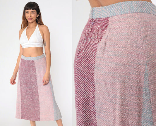 70s Striped Colour Block Midi Skirt High Waist Pink Purple Blue Medium
