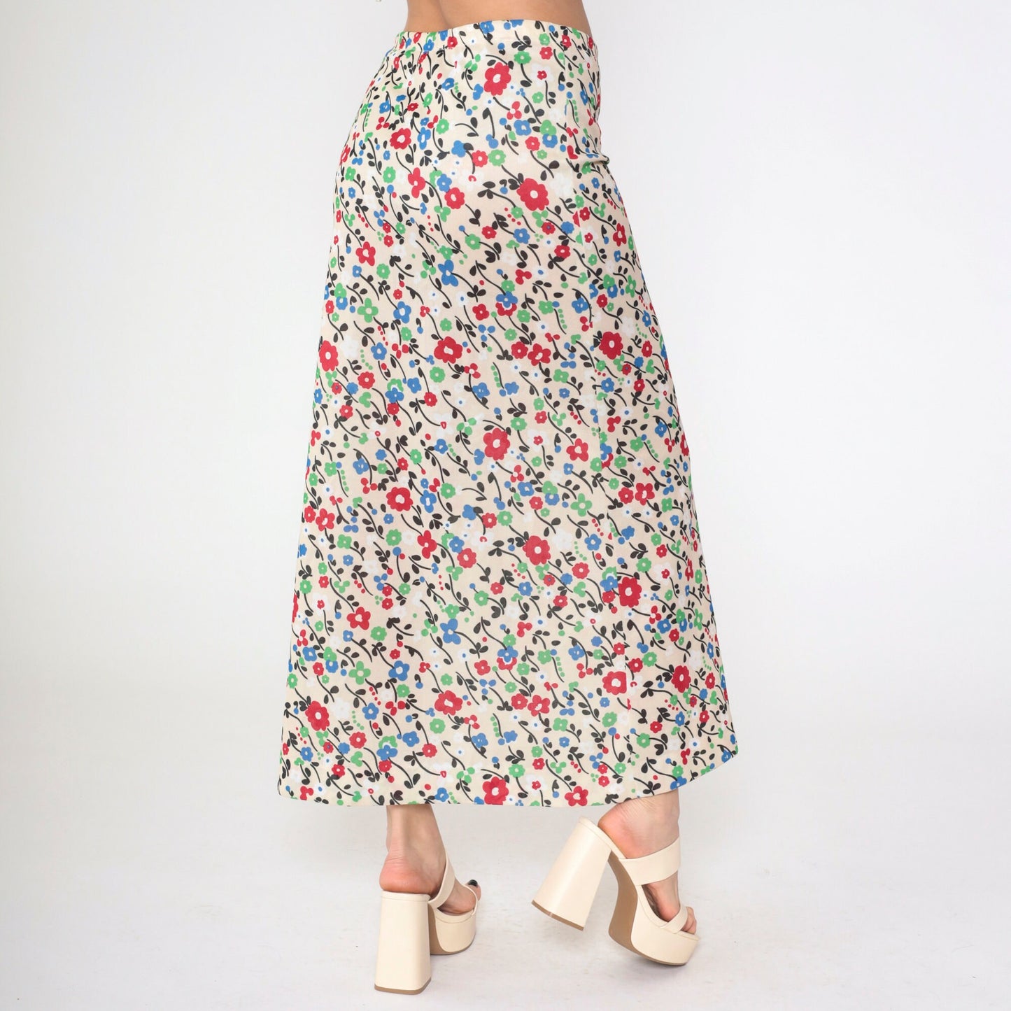 70s Floral Maxi Skirt High Waist Elastic Cream Red Green Blue Medium