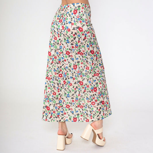 70s Floral Maxi Skirt High Waist Elastic Cream Red Green Blue Medium