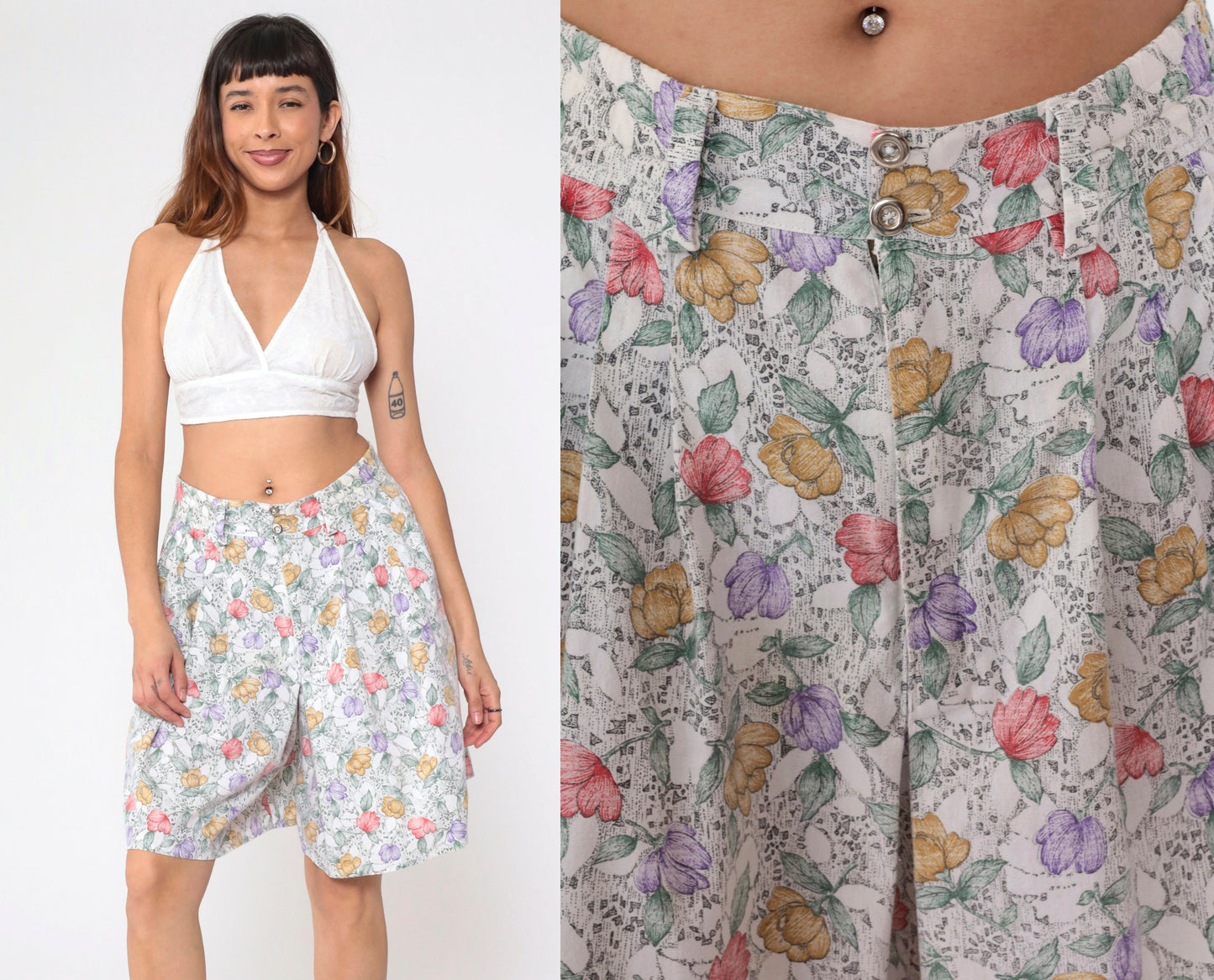 90s Floral High-Waisted Shorts White Pleated Wide Leg Medium