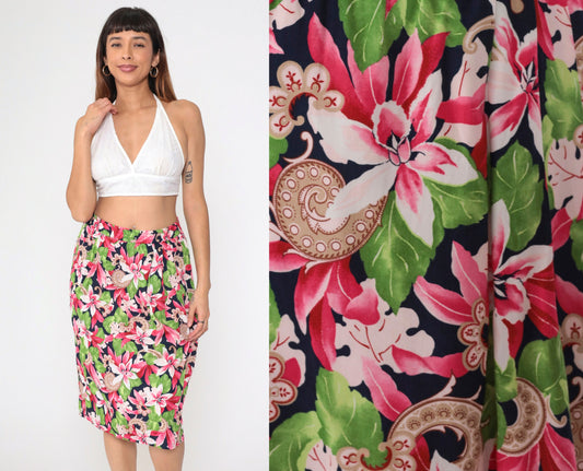 90s Evan Picone Tropical Floral Midi Skirt Navy Pleated High Waist Medium