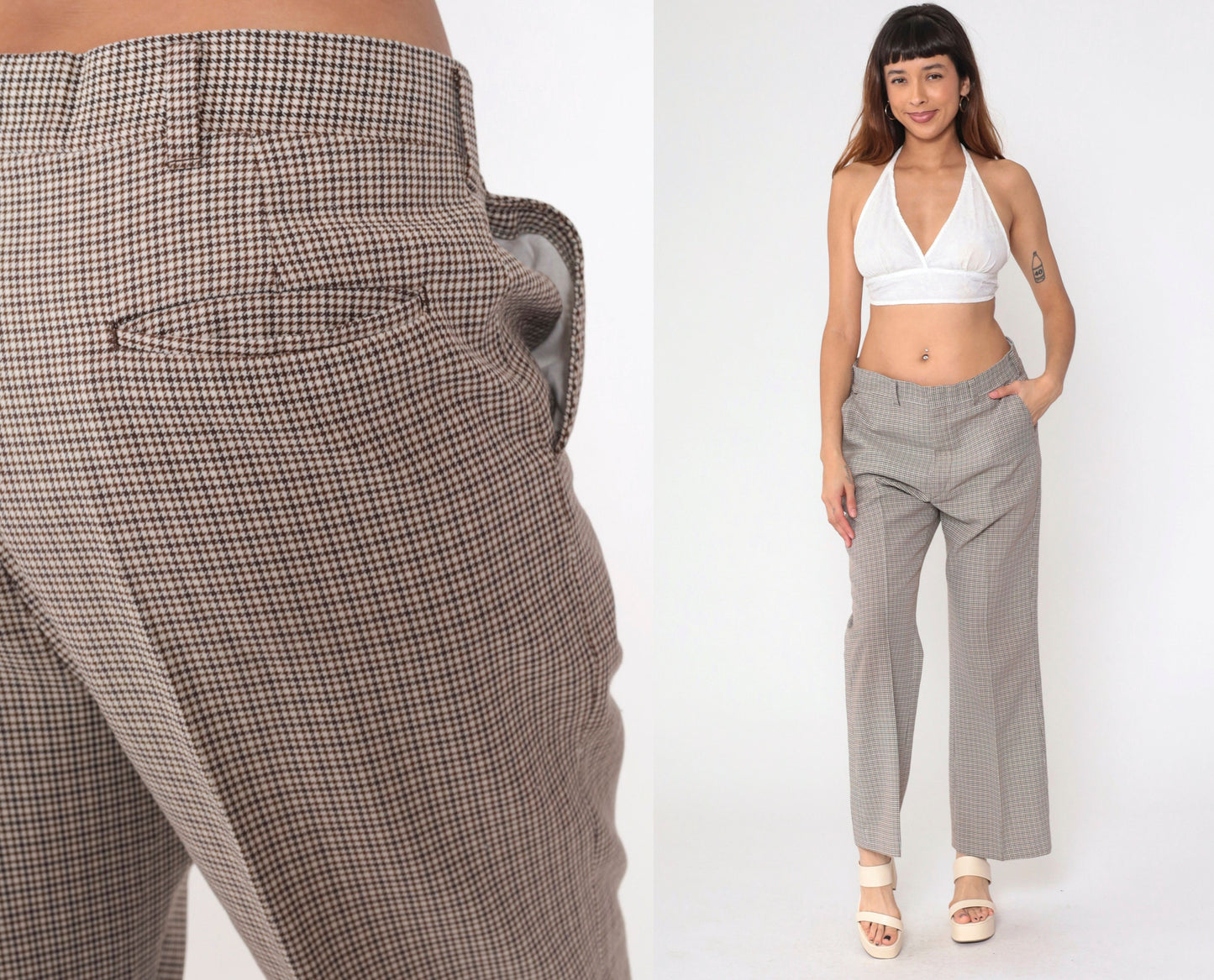 70s Haggar Houndstooth Bell Bottom Trousers Black Brown White High Waist Medium Large