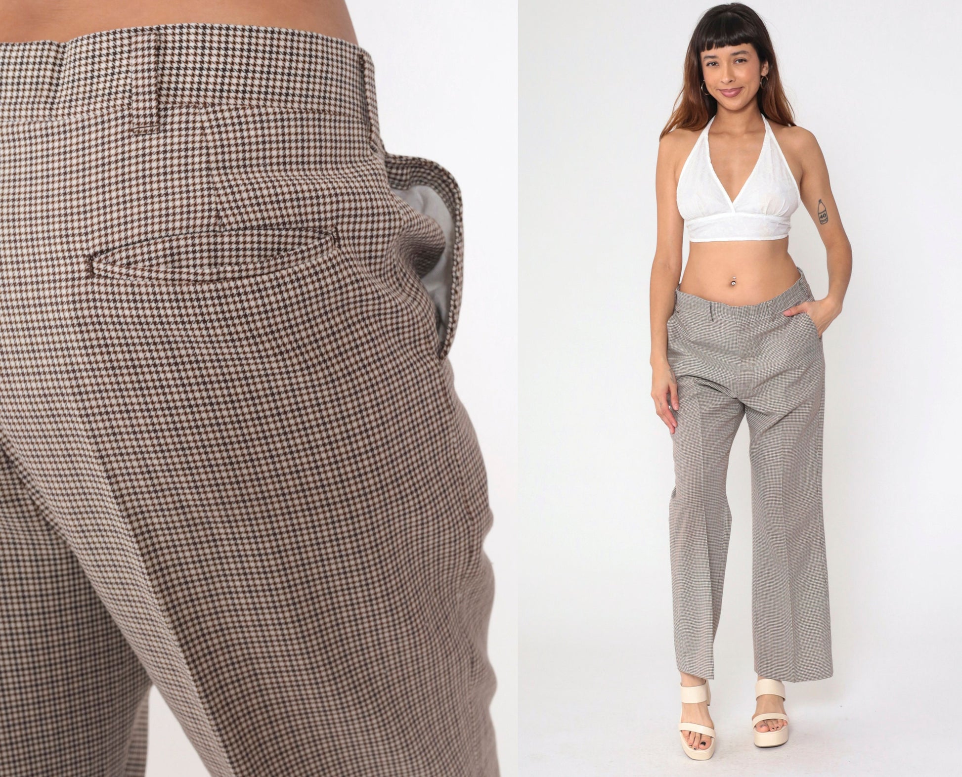 70s Haggar Houndstooth Bell Bottom Trousers Black Brown White High Waist Medium Large