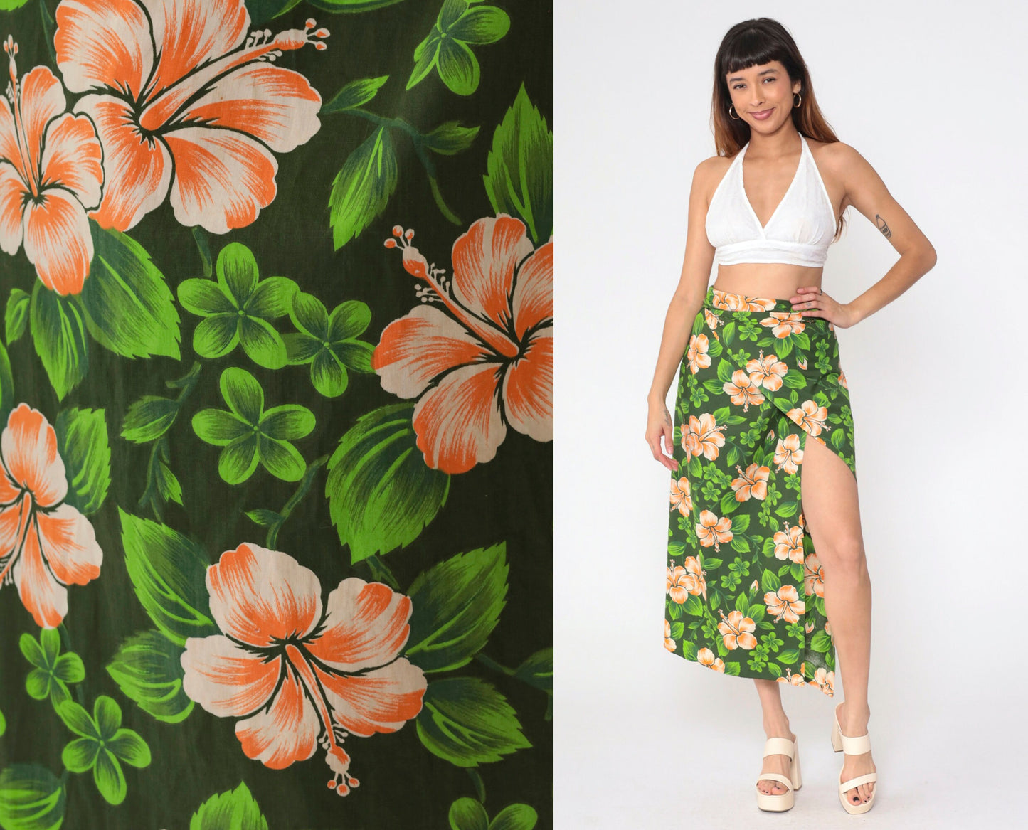 90s Hawaiian Green Floral Wrap Maxi Skirt Front Slit Sarong Small