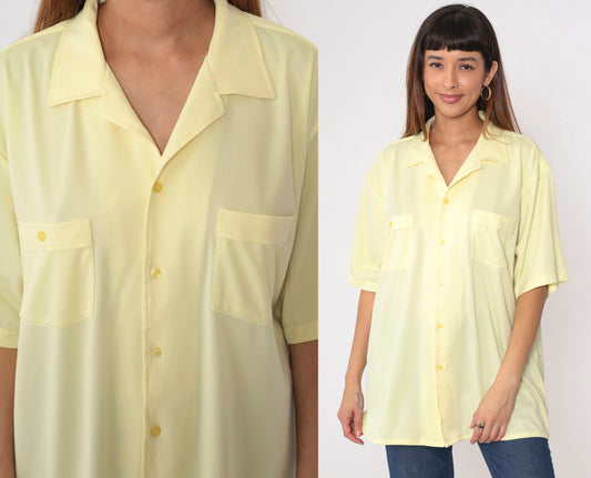 80s Yellow Button-Up Shirt Men's Extra Large Chest Pocket Short Sleeve