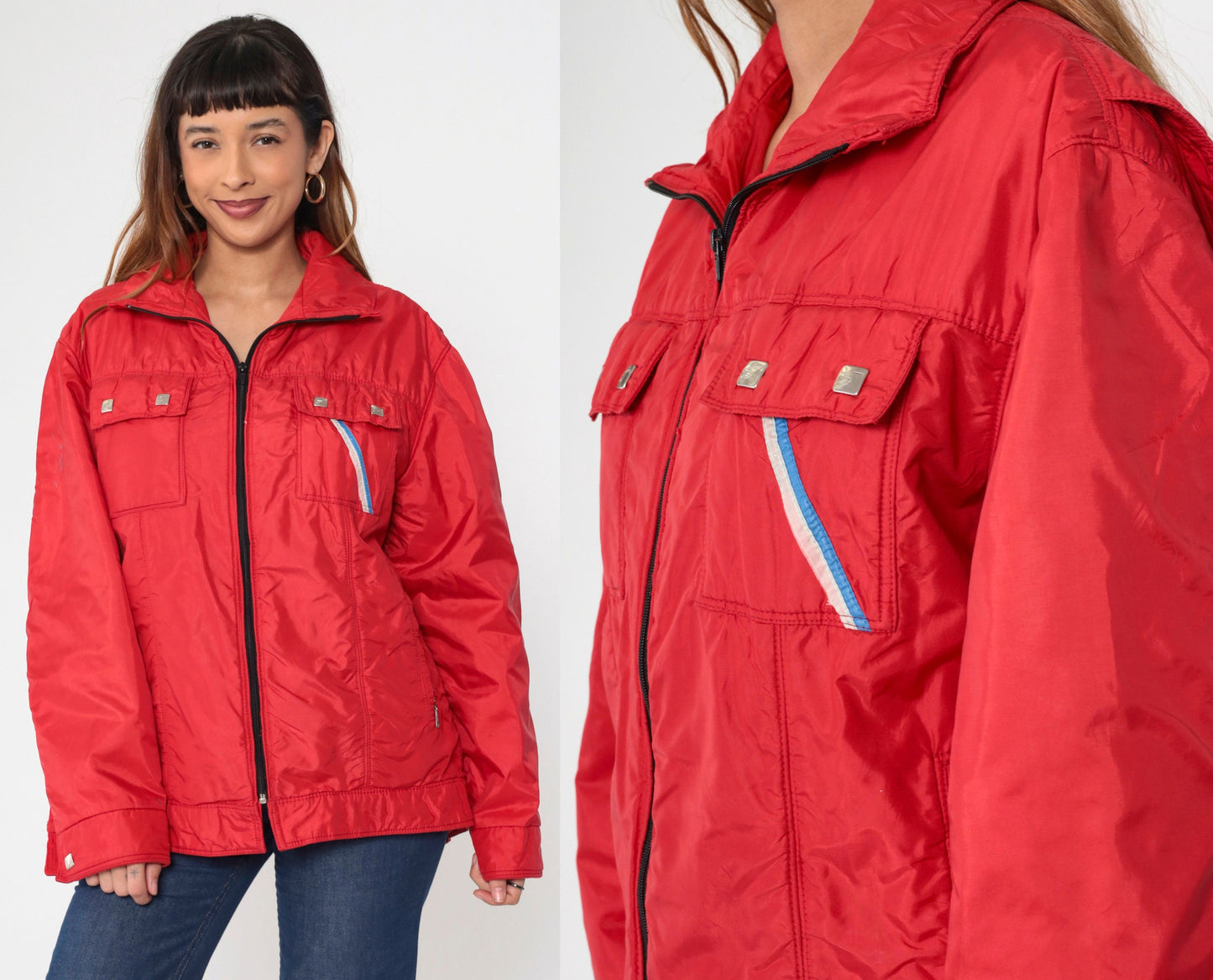 80s Red Ski Puffer Jacket Blue White Stripe Chest Pocket Nylon Large