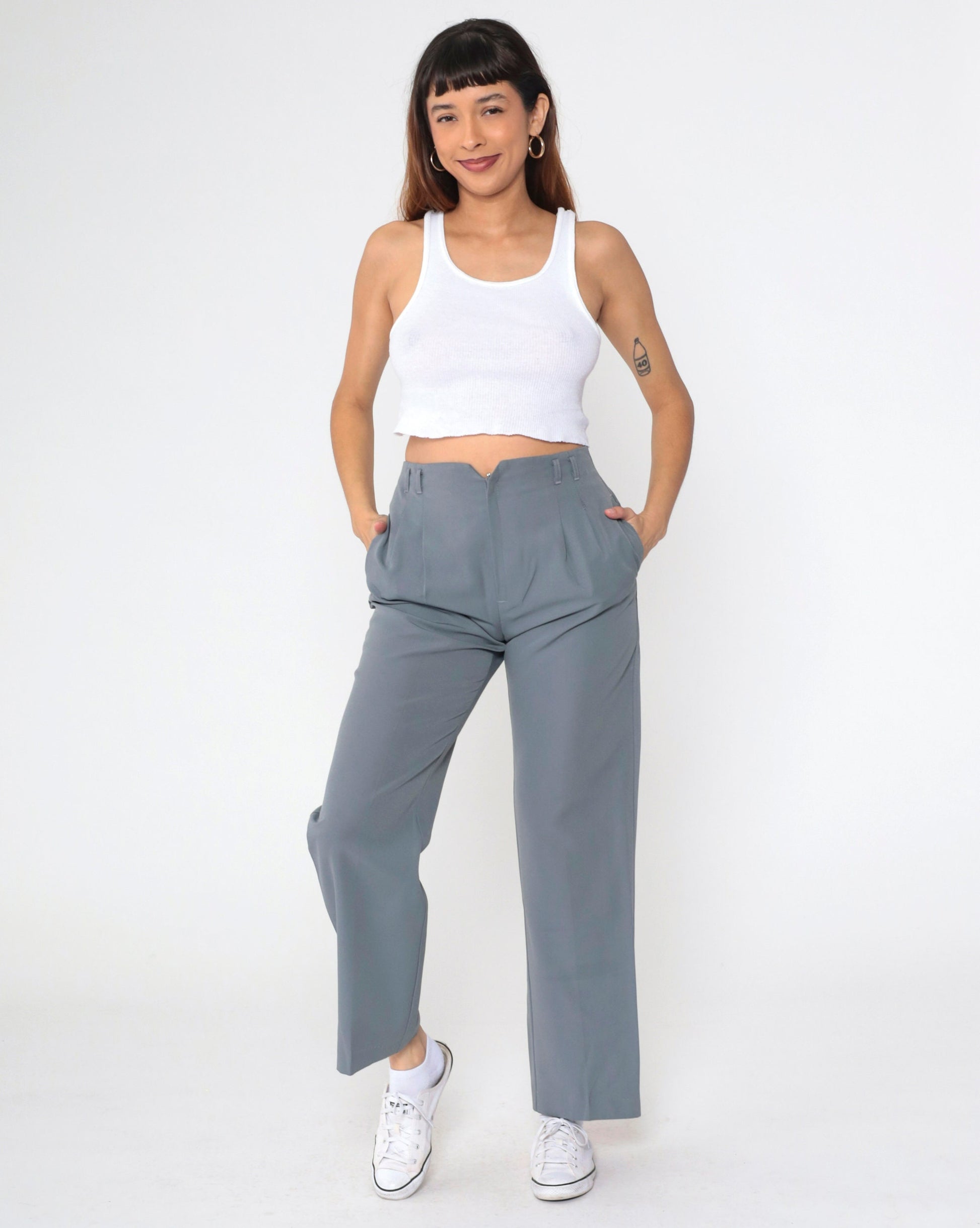 70s Grey Pleated High-Waist Straight Trousers Medium