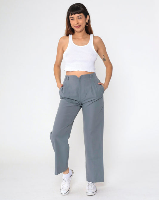 70s Grey Pleated High-Waist Straight Trousers Medium