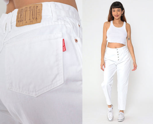 90s White High-Waisted Tapered Jeans Exposed Button Fly Cotton Denim Large