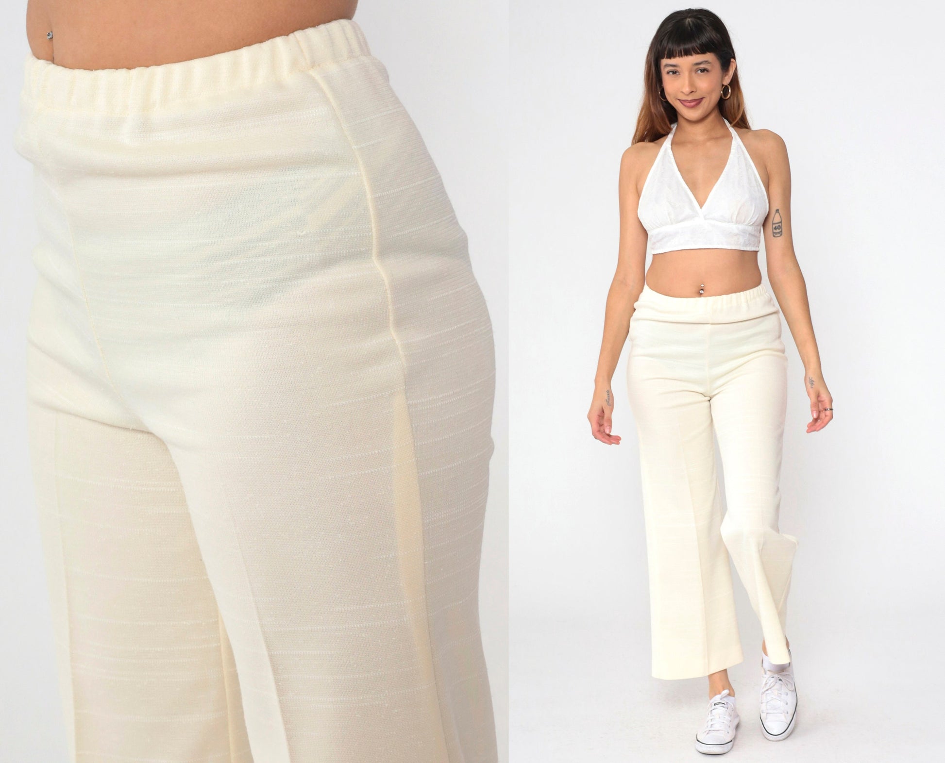70s Cream Bell Bottom Pants High Waist Flared Leg Elastic Waist Small Medium