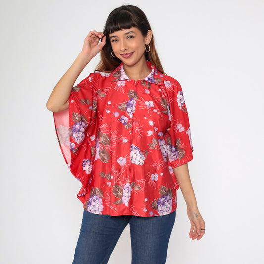 70s Jaylan of California Red Floral Zip Blouse Angel Sleeve Medium Large