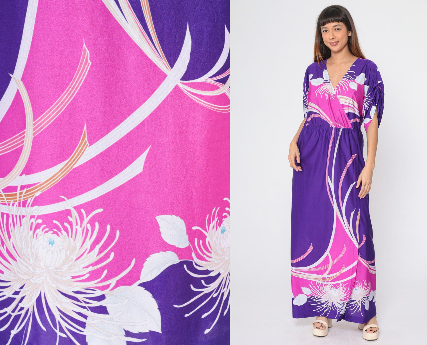 70s Purple Floral Hawaiian Maxi Dress Faux Wrap Ruched Sleeve Medium