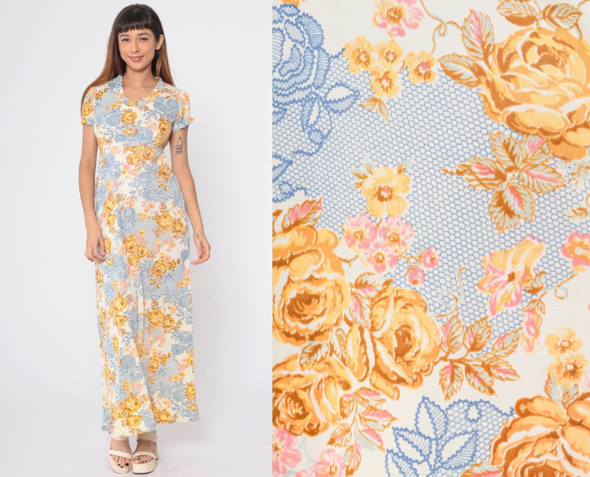 70s Floral Maxi Dress Empire Waist Puff Sleeve Cream Rose Print Small S
