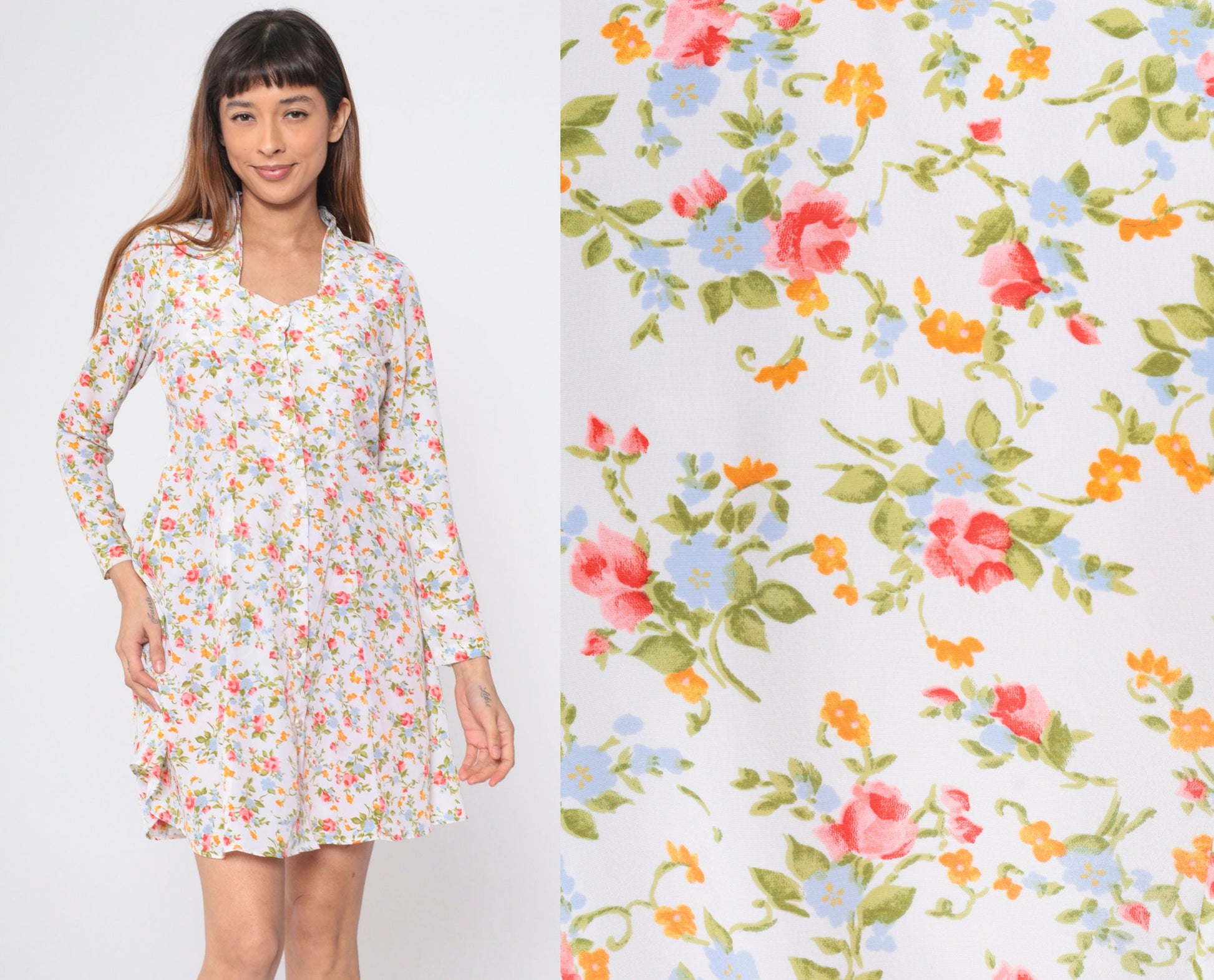 90s White Floral Mini Dress Button-Up Long Sleeve Ditsy Print Medium M