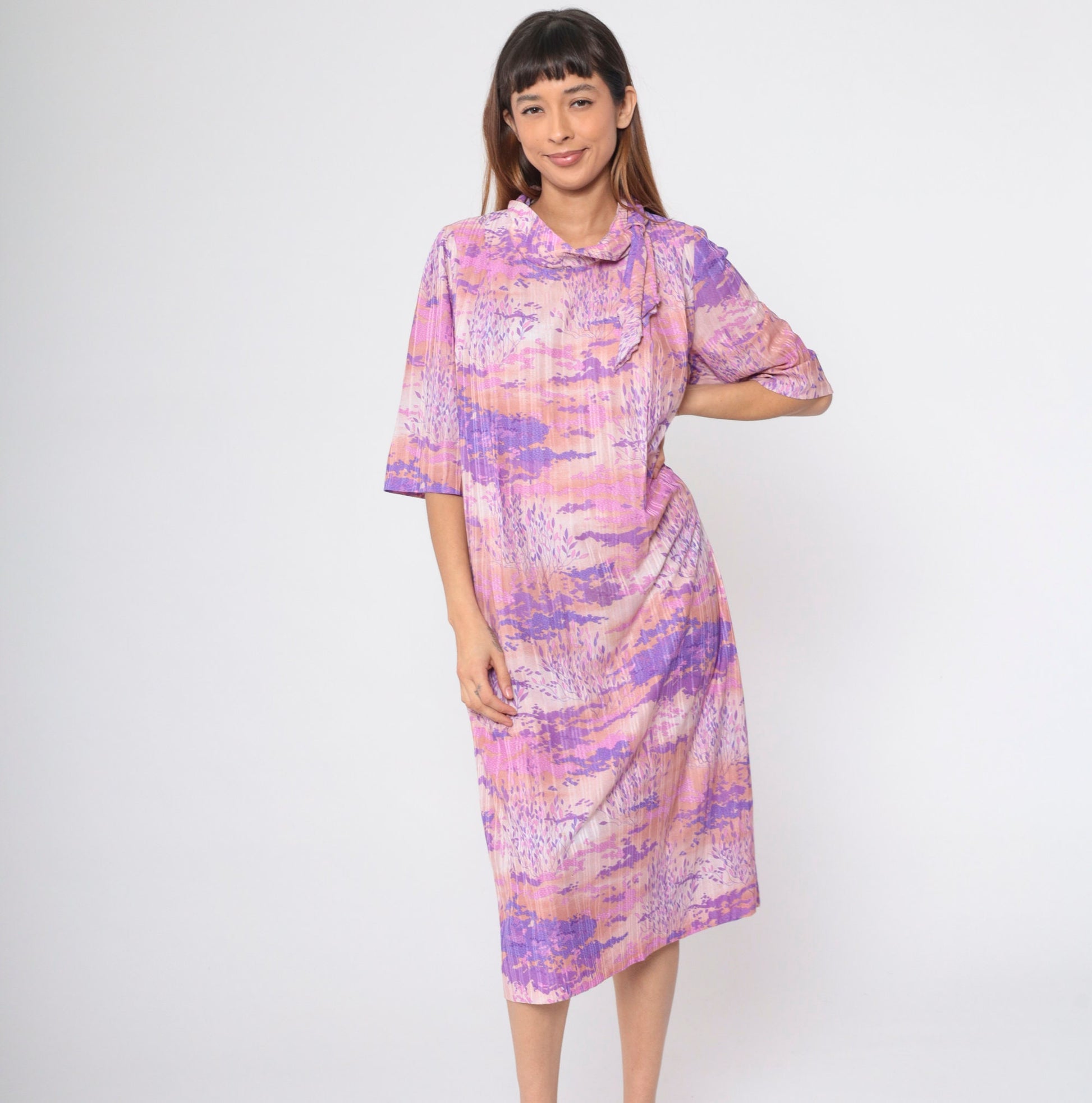 70s Psychedelic Midi Dress Abstract Tree Cloud Print Ascot Tie Short Sleeve Purple Pink Large L