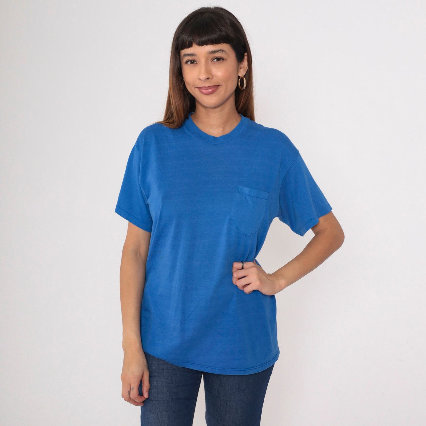 80s Blue Striped Pocket T-Shirt Cotton Blend Crewneck Medium