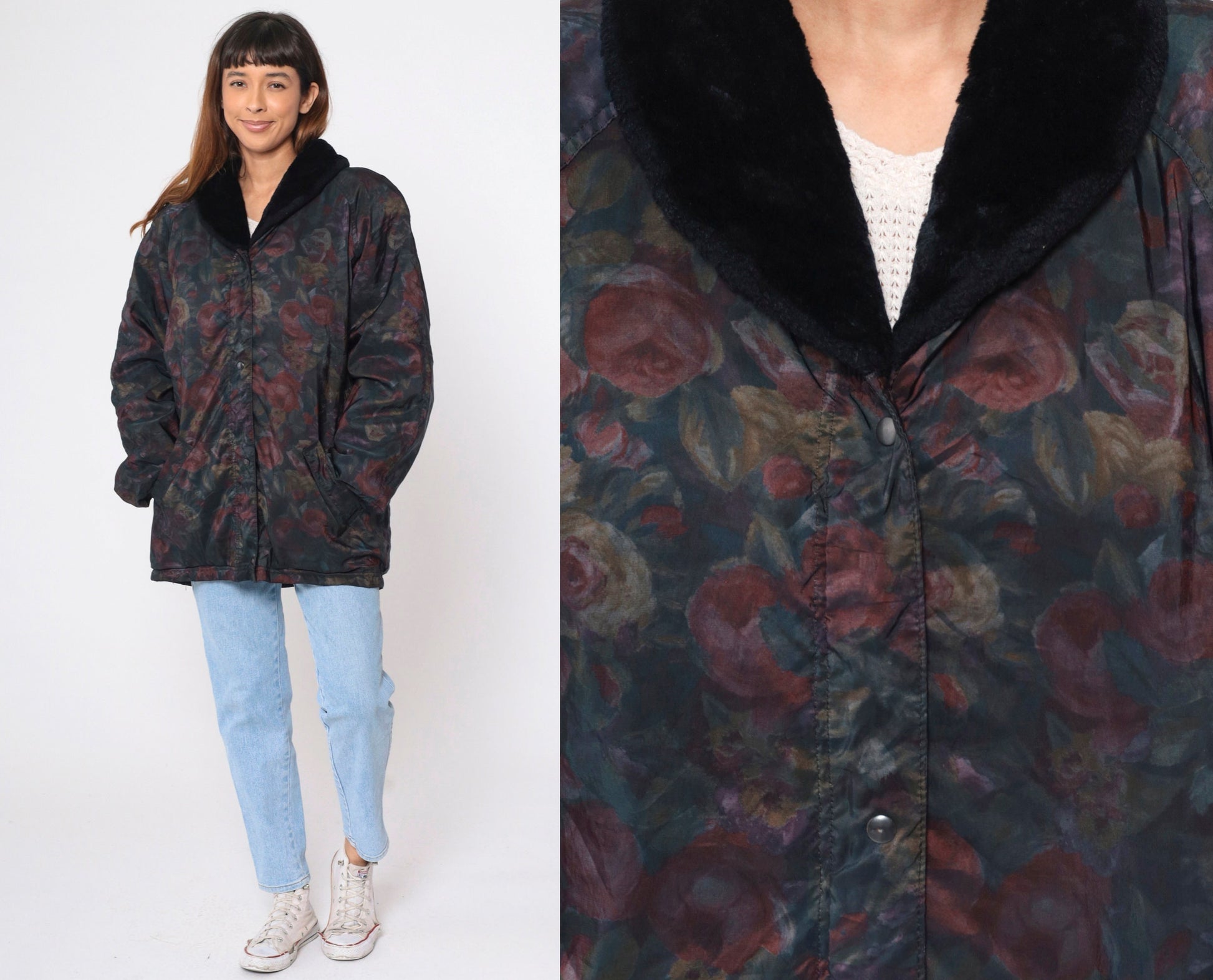 90s Aeros Puffer Jacket Floral Print Faux Fur Collar Windbreaker Large L
