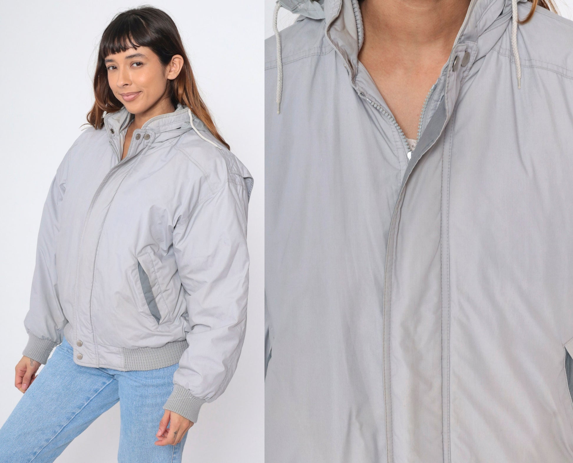 Members Only Down Jacket 80s Grey Hooded Ski Puffer Coat Medium