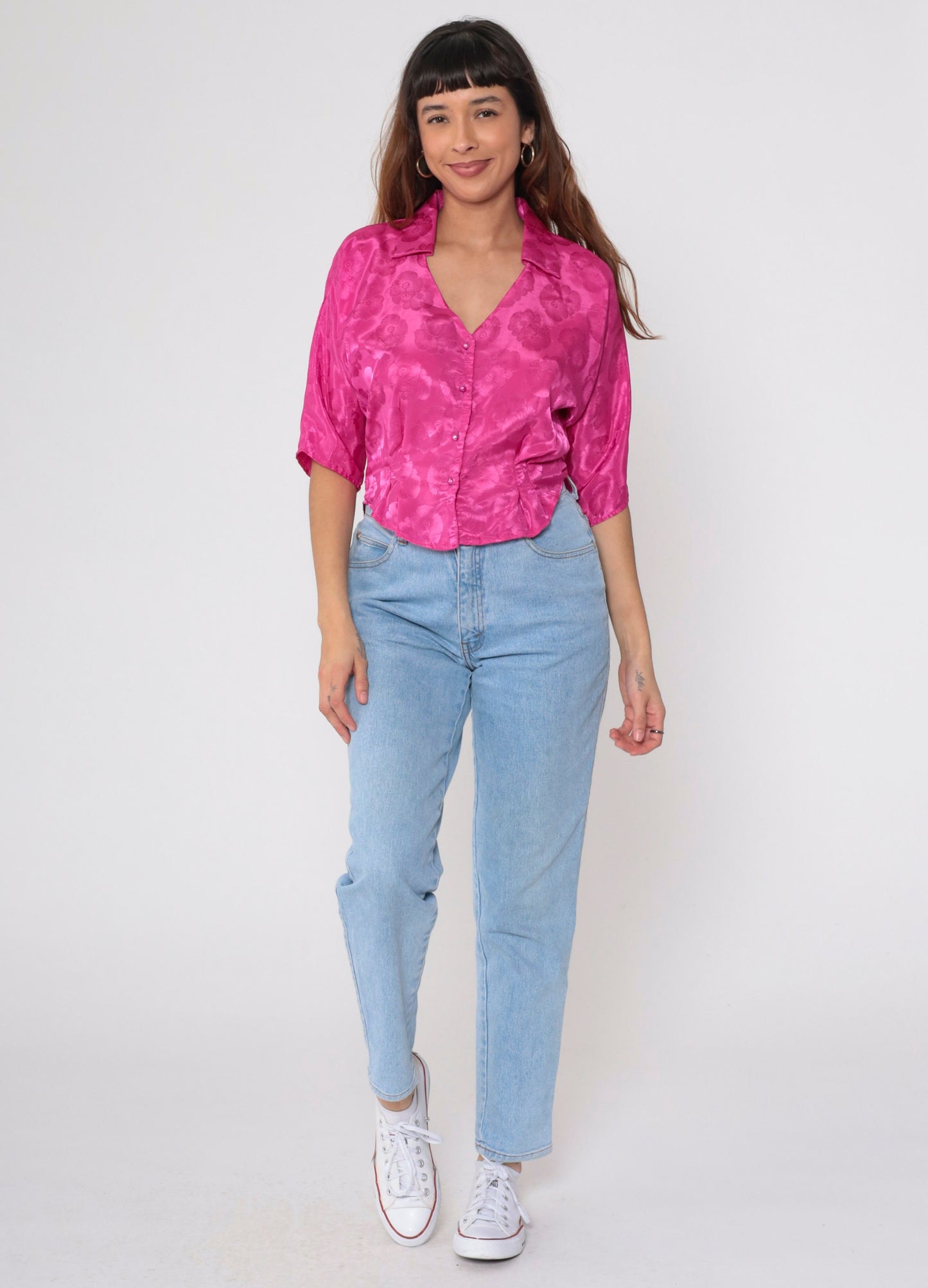 80s Fuchsia Satin Floral Blouse Keyhole Back Pearl Button 1/2 Sleeve Medium