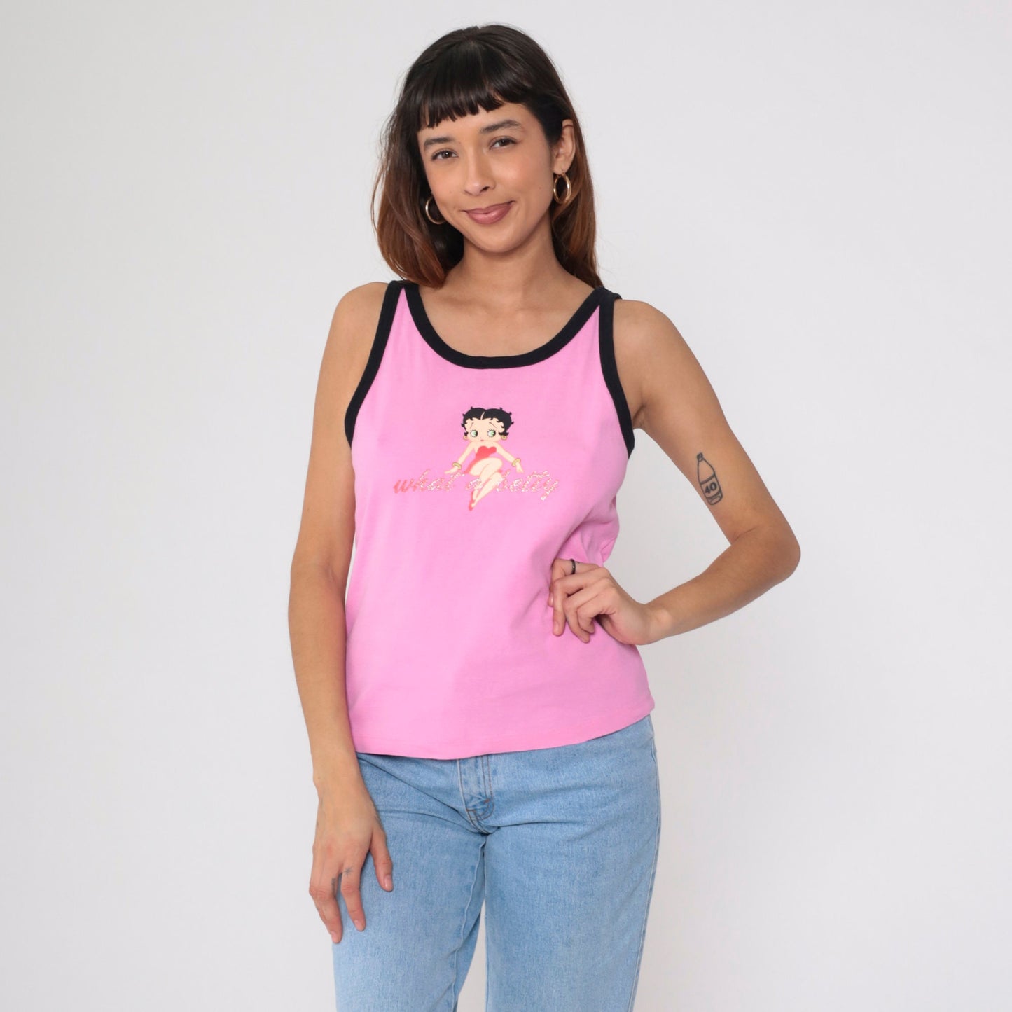 00s Betty Boop Tank Top 'What A Betty' Glitter Graphic Pink Black Ringer Medium