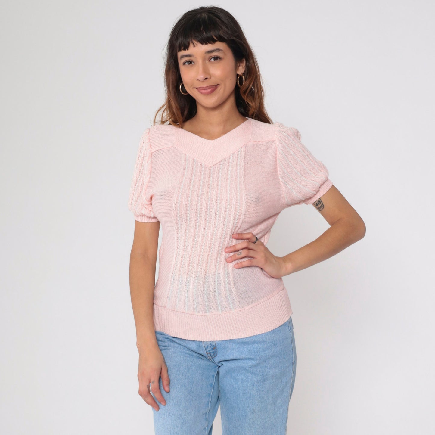 80s Baby Pink Knit Top Puff Sleeve Textured Stripe Extra Small