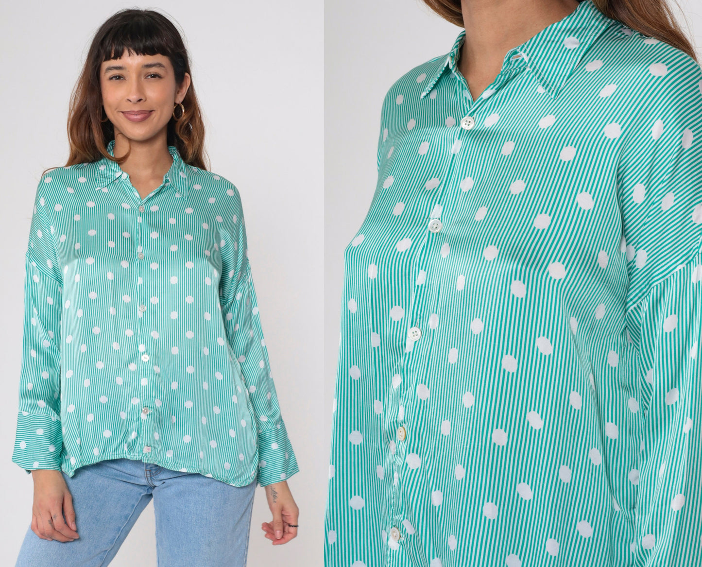 90s Fil Noir Green White Polka Dot Striped Button Up Blouse Long Sleeve Small