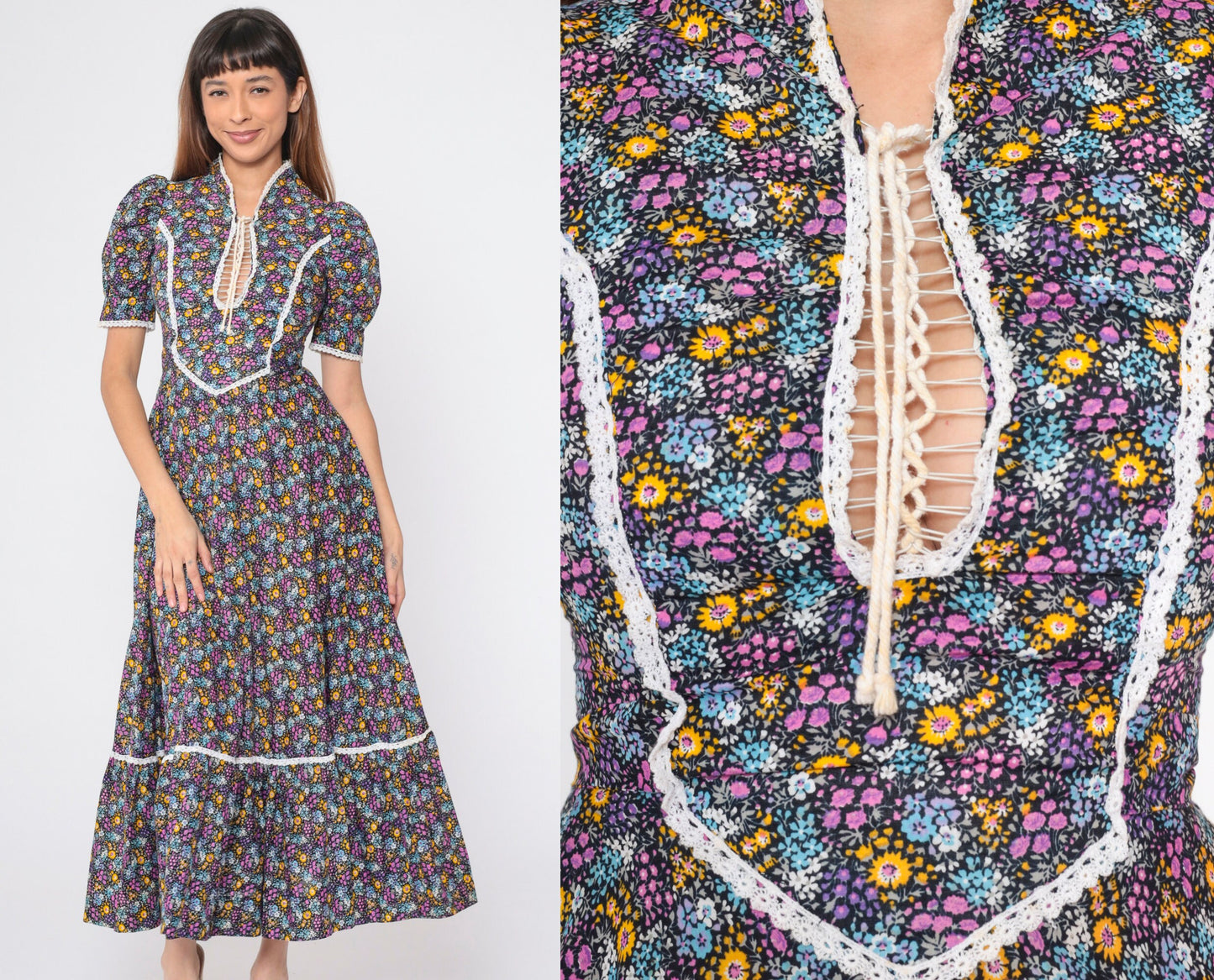 70s Calico Floral Maxi Dress Lace-Up Puff Sleeve Prairie Ankle Length XS