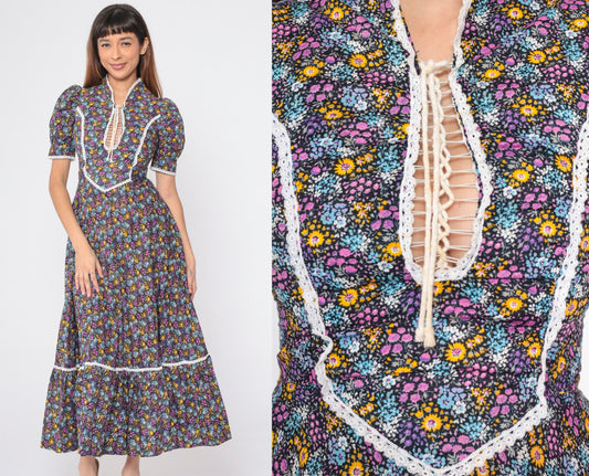 70s Calico Floral Maxi Dress Lace-Up Puff Sleeve Prairie Ankle Length XS