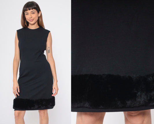 60s Miss Jean Black Wool Shift Dress Faux Fur Trim Mini Sleeveless Small