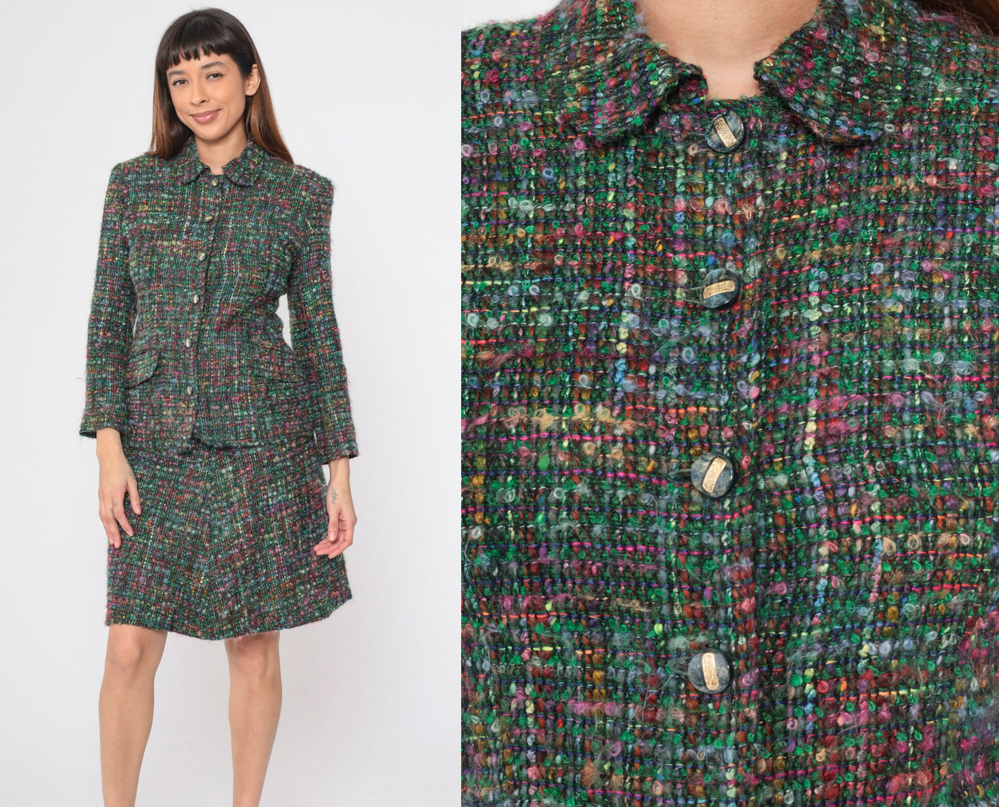 70s Multicolor Tweed Two Piece Suit Jacket and Pencil Skirt Set Medium M