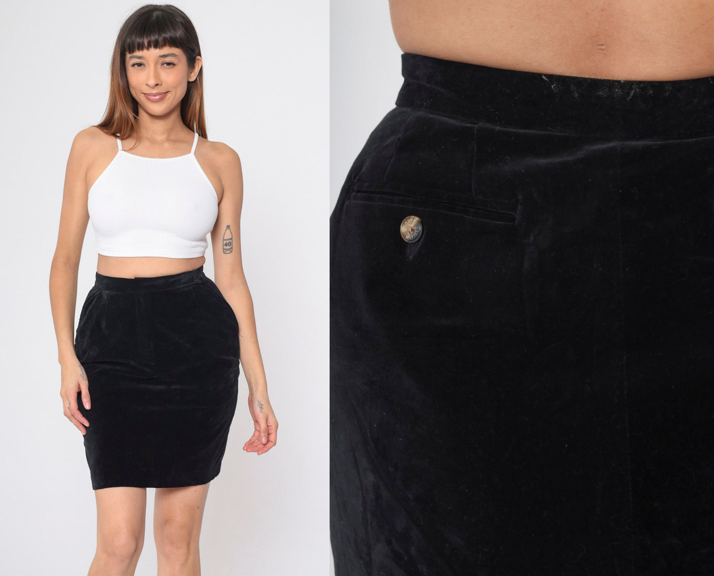 90s Tommy Hilfiger Black Velvet Pencil Skirt High Waisted Mini Small
