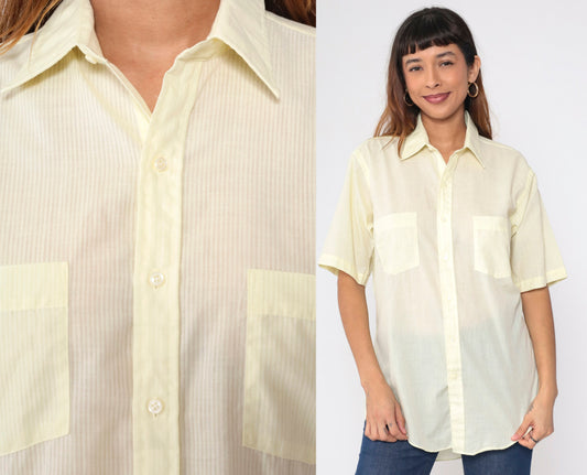 80s Arrow Kent Classic Yellow Striped Button Up Shirt Men's Medium 15 1/2