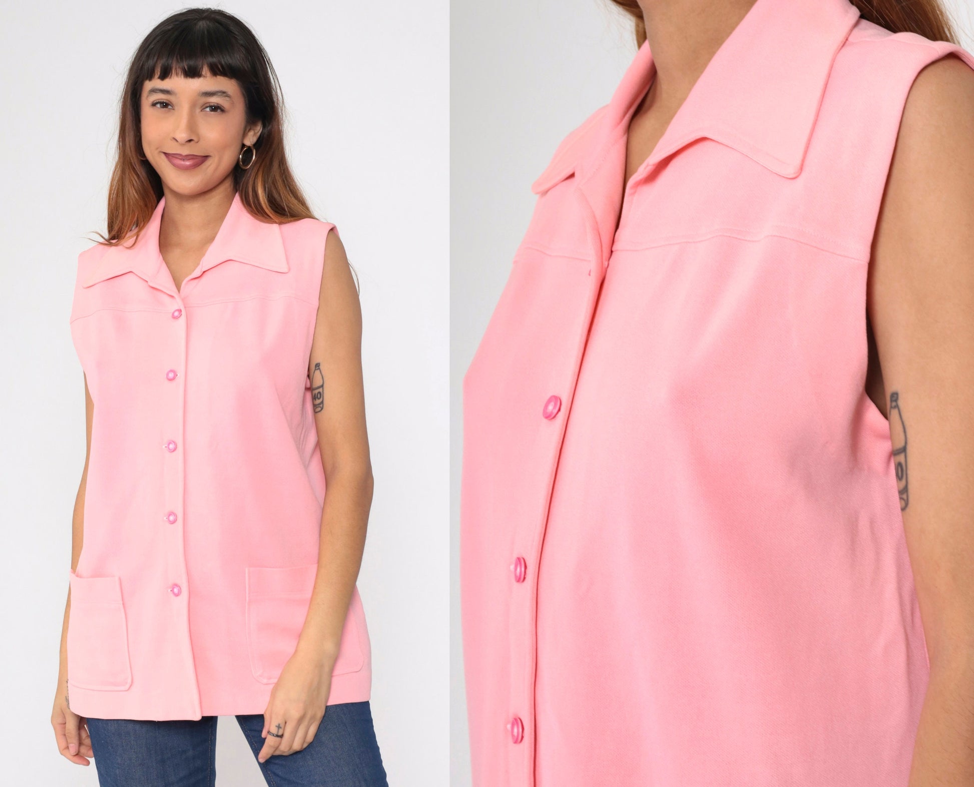 70s Pink Wing Collar Tank Top Button-Up Blouse Longline Large L