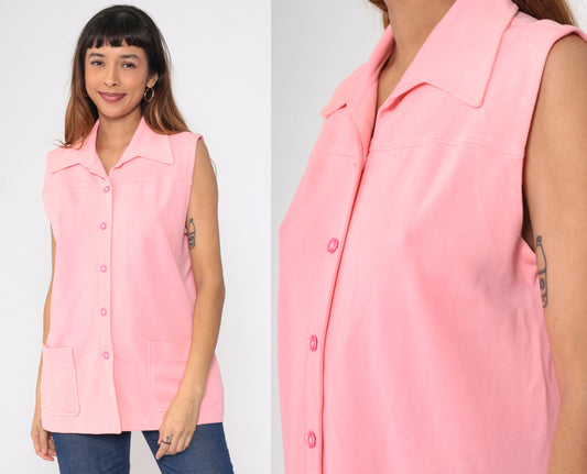 70s Pink Wing Collar Tank Top Button-Up Blouse Longline Large L
