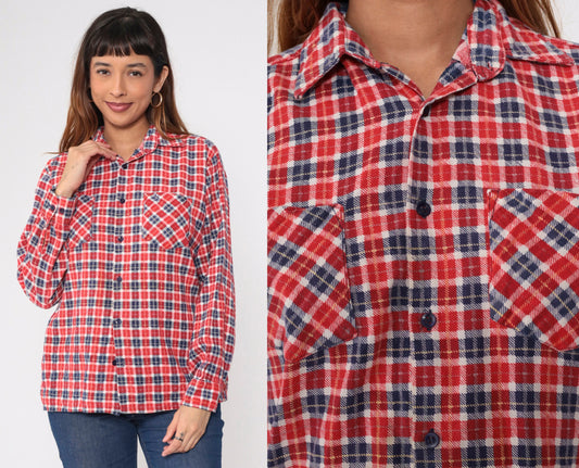 90s Red White Blue Plaid Flannel Shirt Cotton Button-Up Medium
