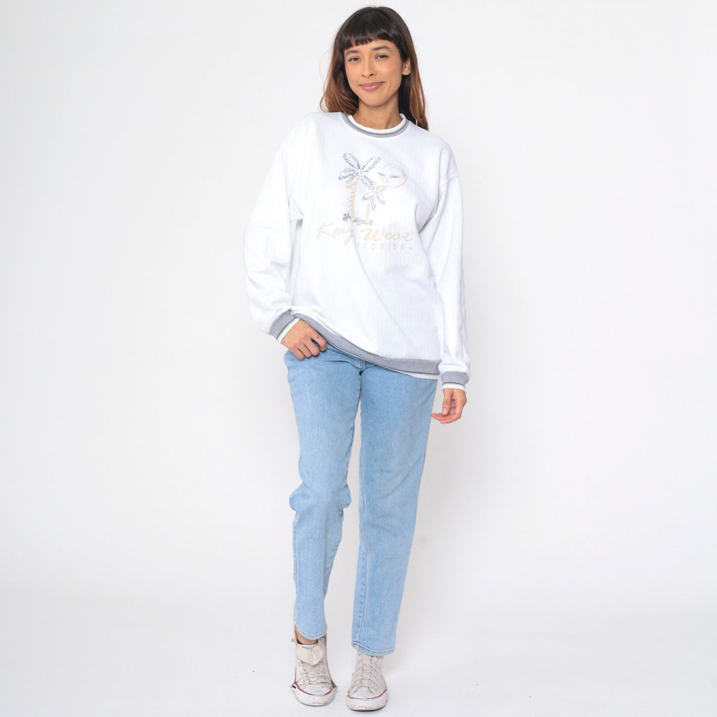 90s Key West Florida Sweatshirt White Graphic Beach Palm Ringer Large L