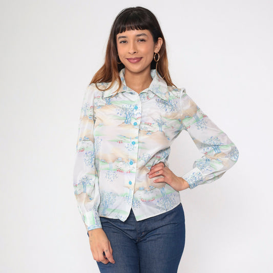 70s Tree Print Button-Up Blouse Long Sleeve Collared Psychedelic Forest Shirt Small