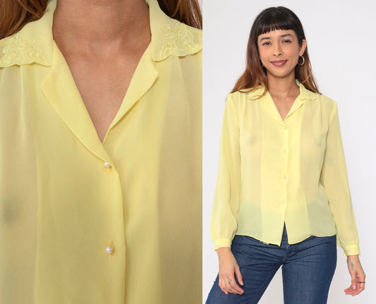 70s Yellow Sheer Blouse Floral Embroidered Collar Button-Up Long Sleeve Medium