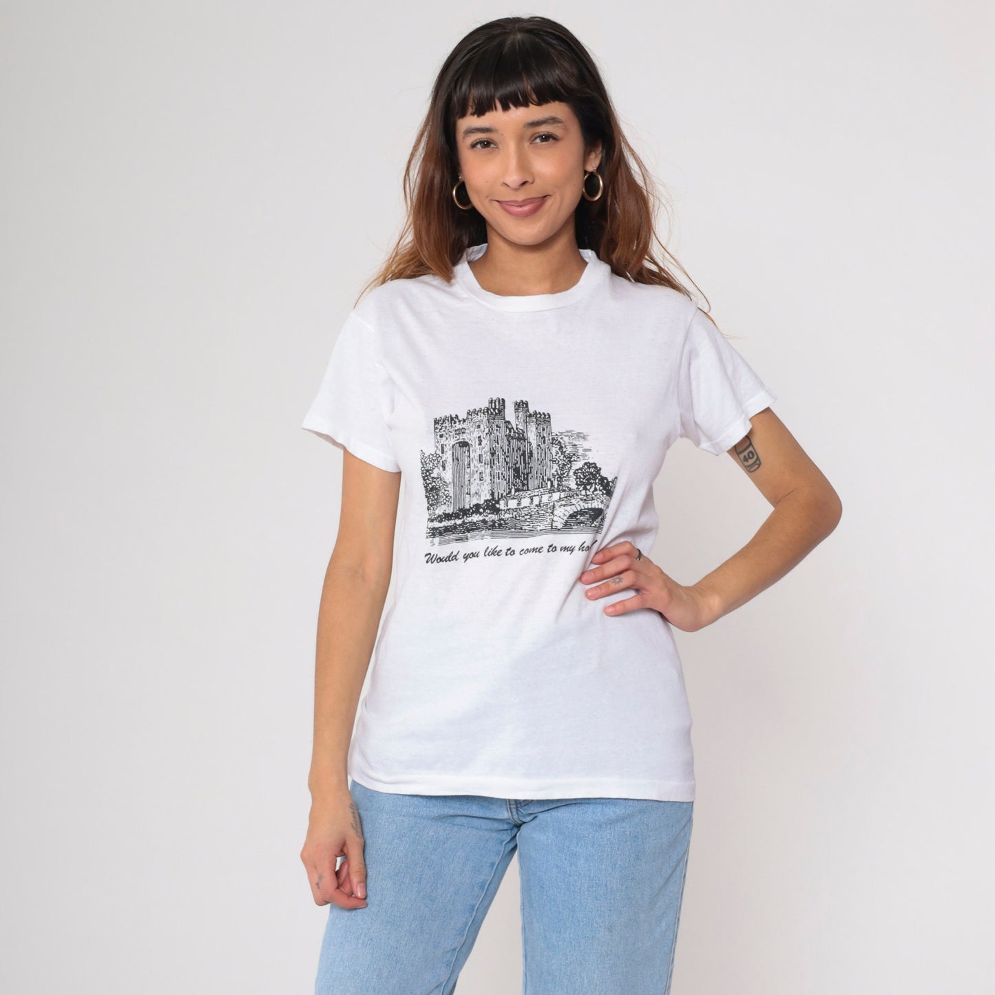 90s Castle Graphic T-Shirt "Would You Like To Come To My House" White Small