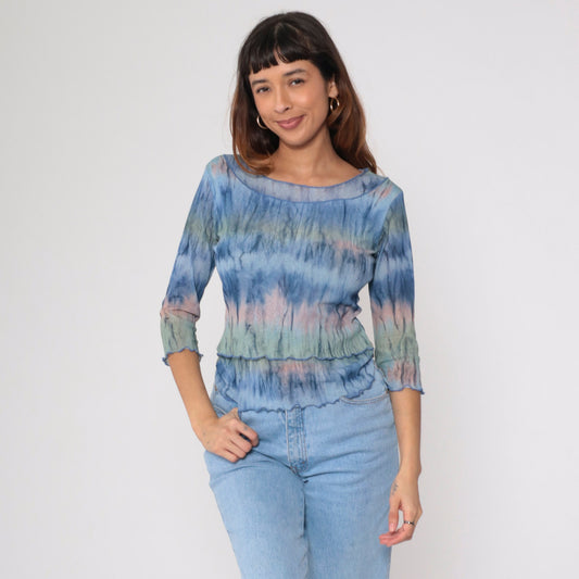 Y2K Tie Dye 3/4 Sleeve Top Lettuce Edge Semi-Sheer Blue Pink Green Medium