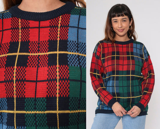 90s Silvercord Plaid Colour Block Sweater Red Green Blue Tartan Crewneck Medium